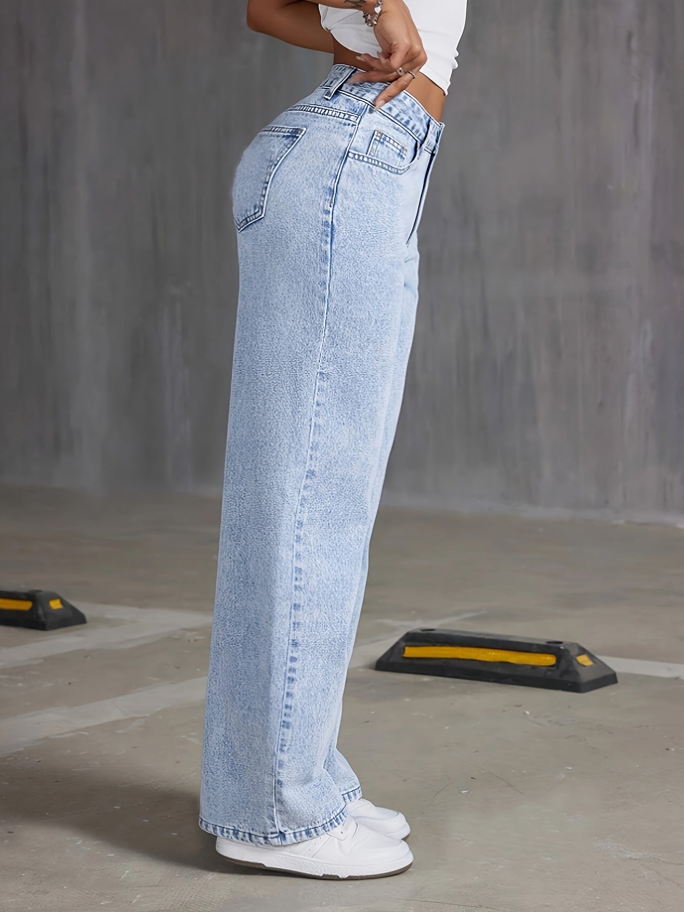 Plain Loose Fit Washed Blue Casual Basic Style Denim Pants, Women's Denim Jeans & Clothing