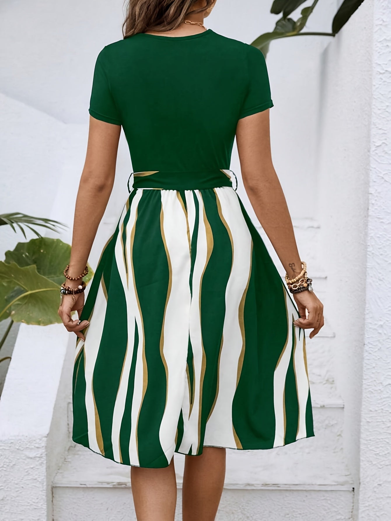 Women's Summer Dress Tie Waist Modest Midi Dress Short Sleeve A Line Belted Dress Daily Casual