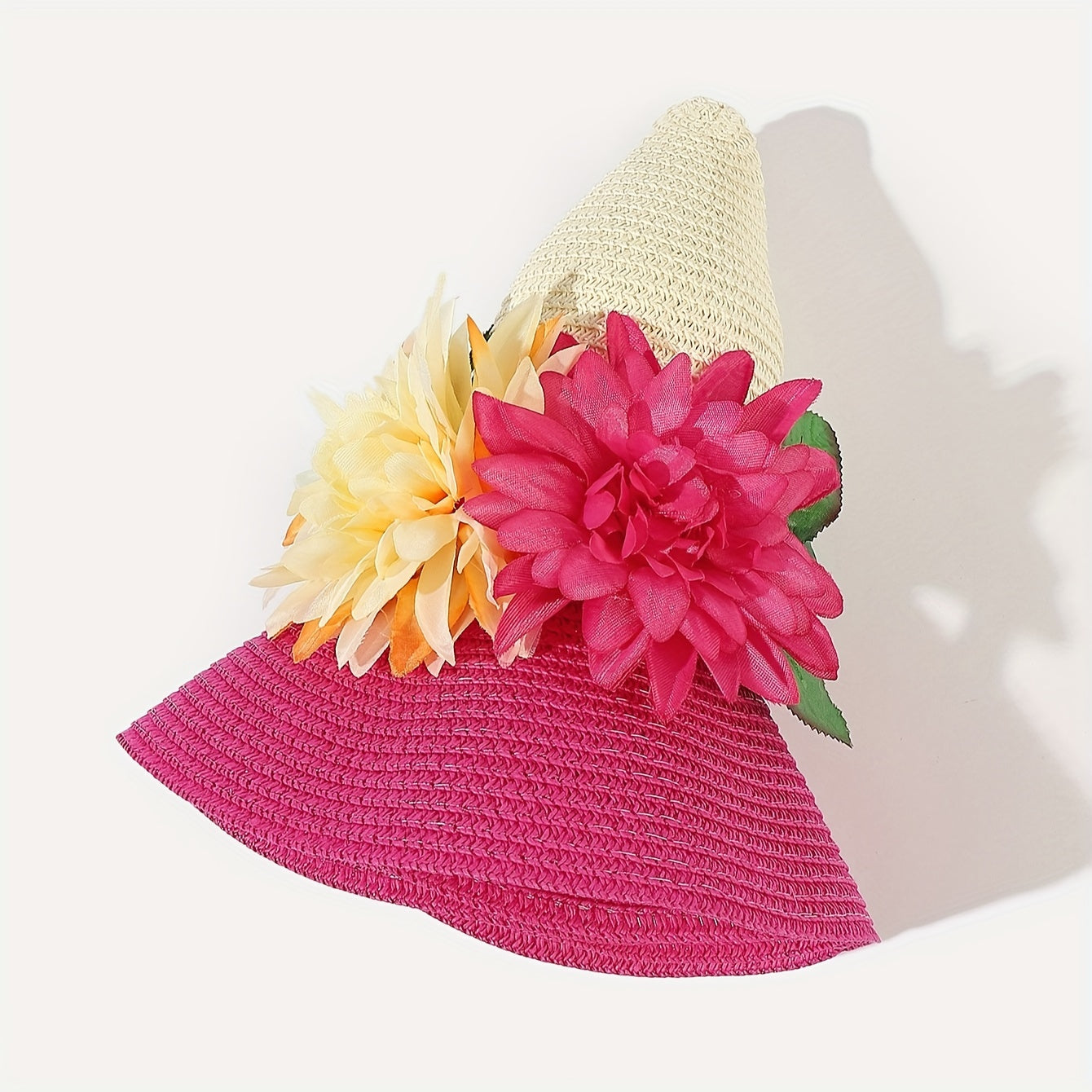 Women's Summer Wide Brim Sun Hat with Flower Accents, Paper Straw Beach Hat, Easter Holiday Stripe Crafted, Non-Elastic Toggle Closure, UV Protection - Pack of 1