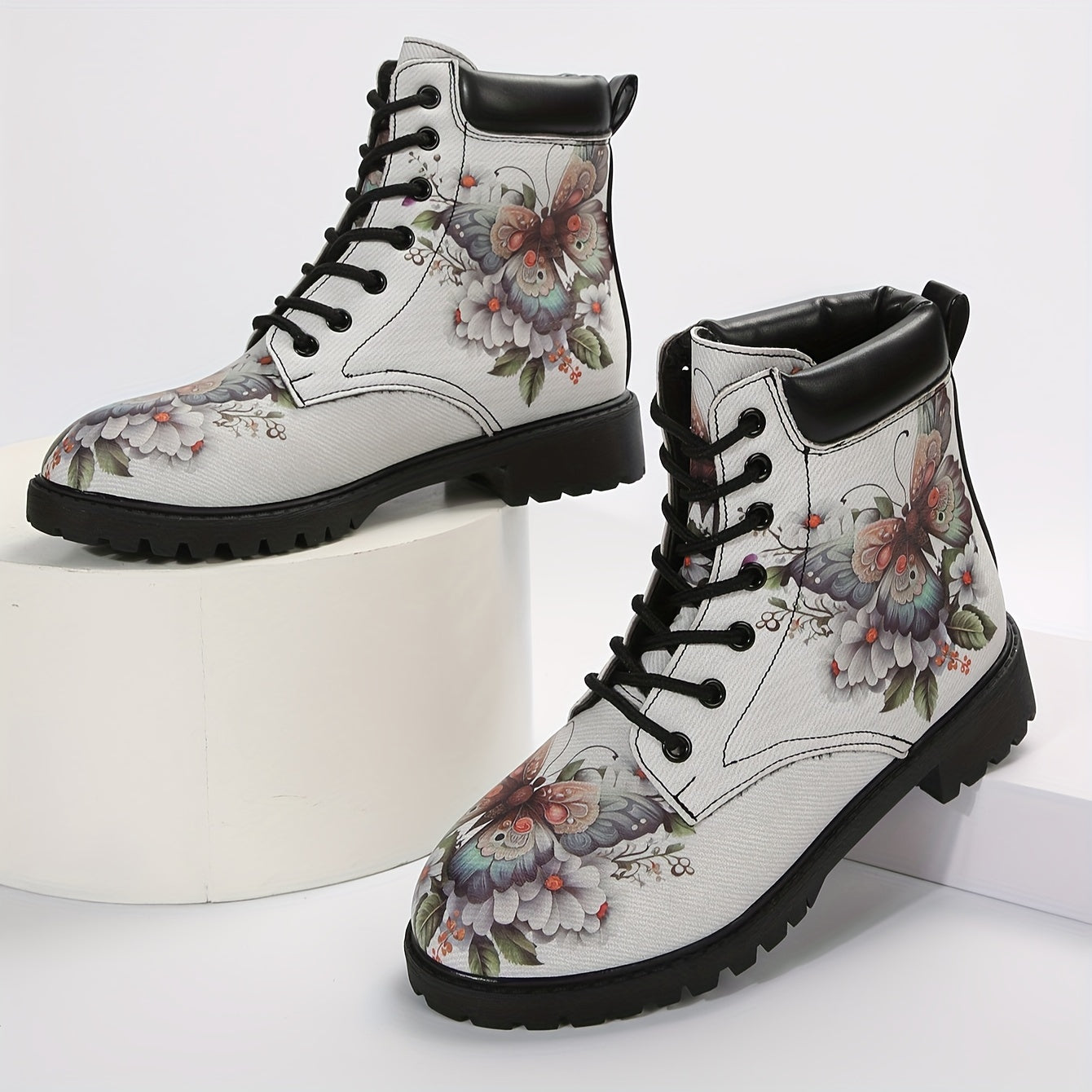 Women's Trendy Butterfly Printed Boots, Fashion Lace Up Short Boots, Women's Comfortable Boots