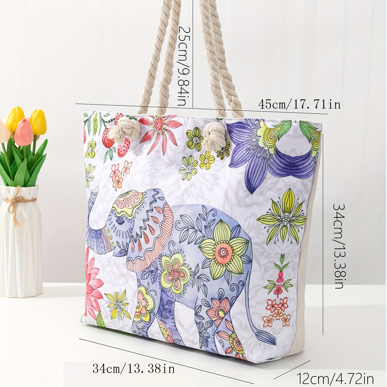 Ethnic Style Large Capacity Canvas Tote Bag with Flower & Elephant Print - Perfect for Everyday Use!