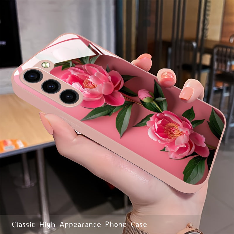 Pink Flower Glass Phone Case For SamSung For Galaxy Series - S24/S24 Plus/S24 Ultra, S23/S23 Plus/S23 Ultra, S22/S22 Plus/S22 Ultra, S21/S21 Plus/S21 Ultra/S21 FE, S20/S20 Plus/S20 Ultra, A03/A04, A13/A14/A22/A23/A25, A32/A33