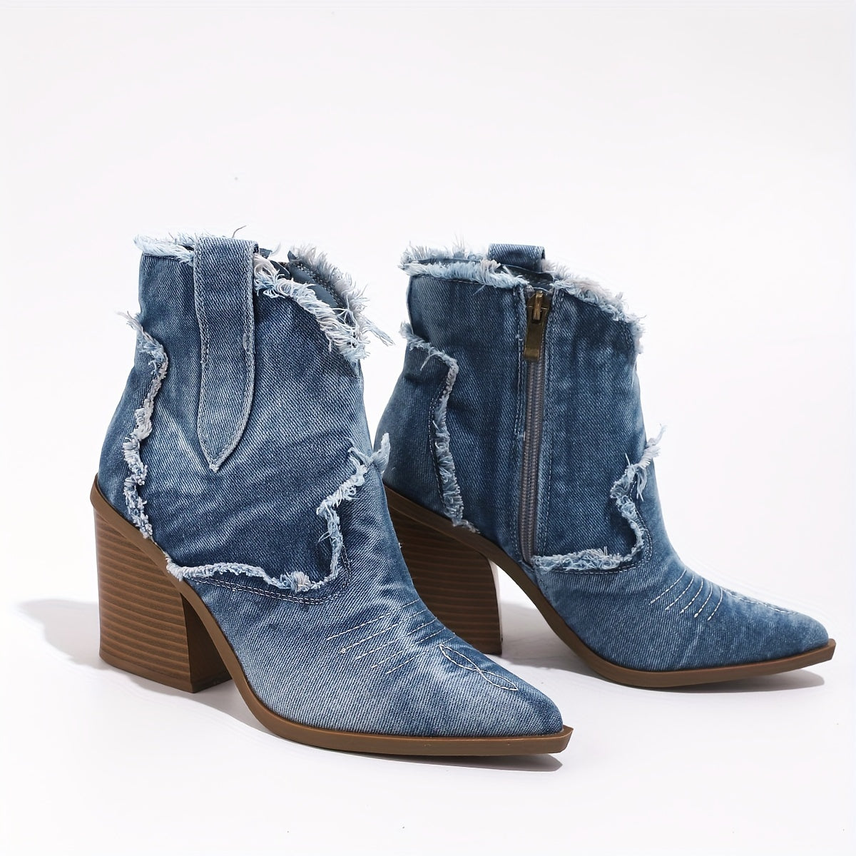 Women's Denim Chunky Heeled Cowboy Boots, Raw Trim Pointed Toe Side Zipper Western Boots, Retro Ankle Booties