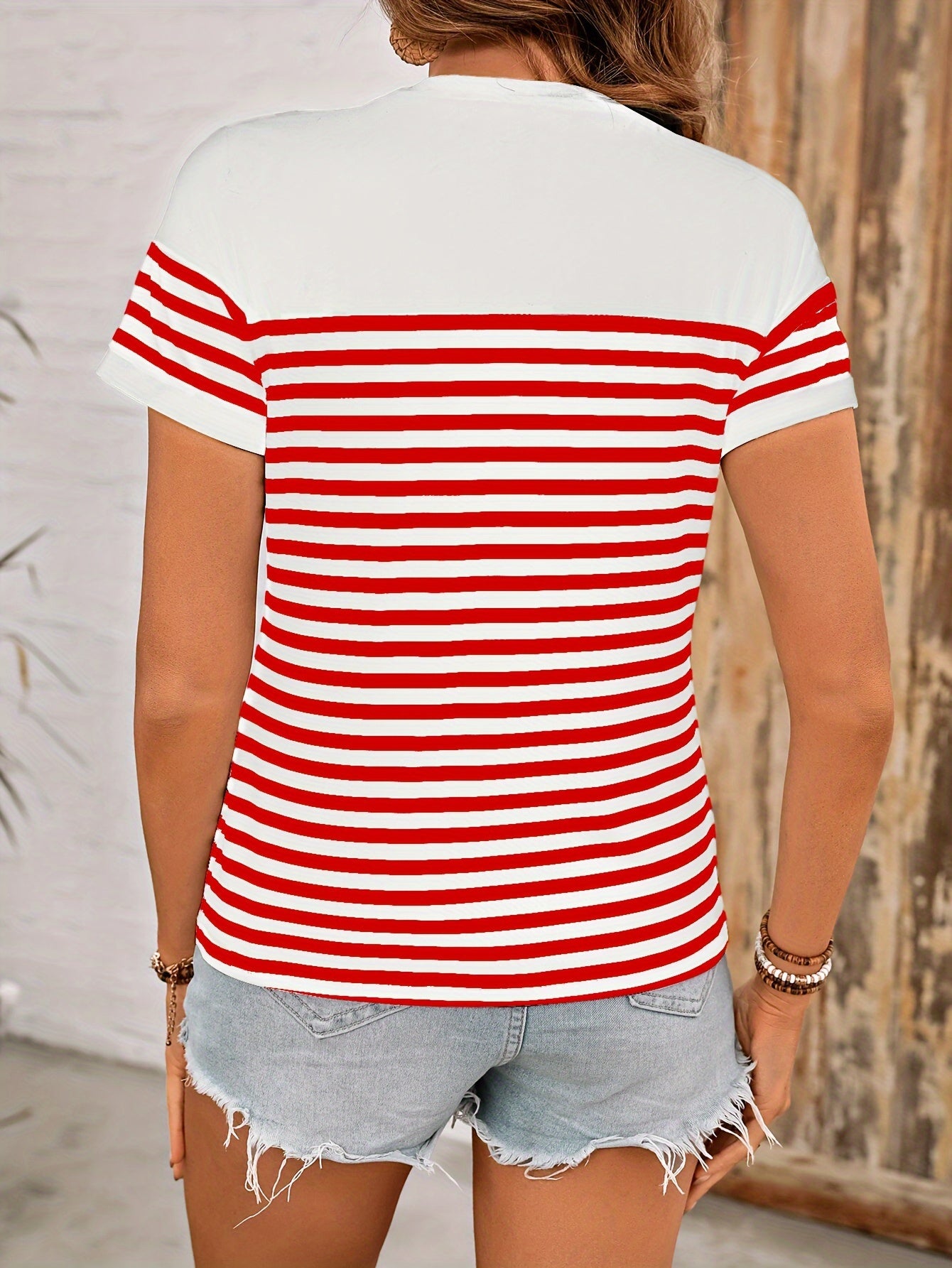 Striped Print Color Block T-Shirt, Casual Short Sleeve T-Shirt For Spring & Summer, Women's Clothing