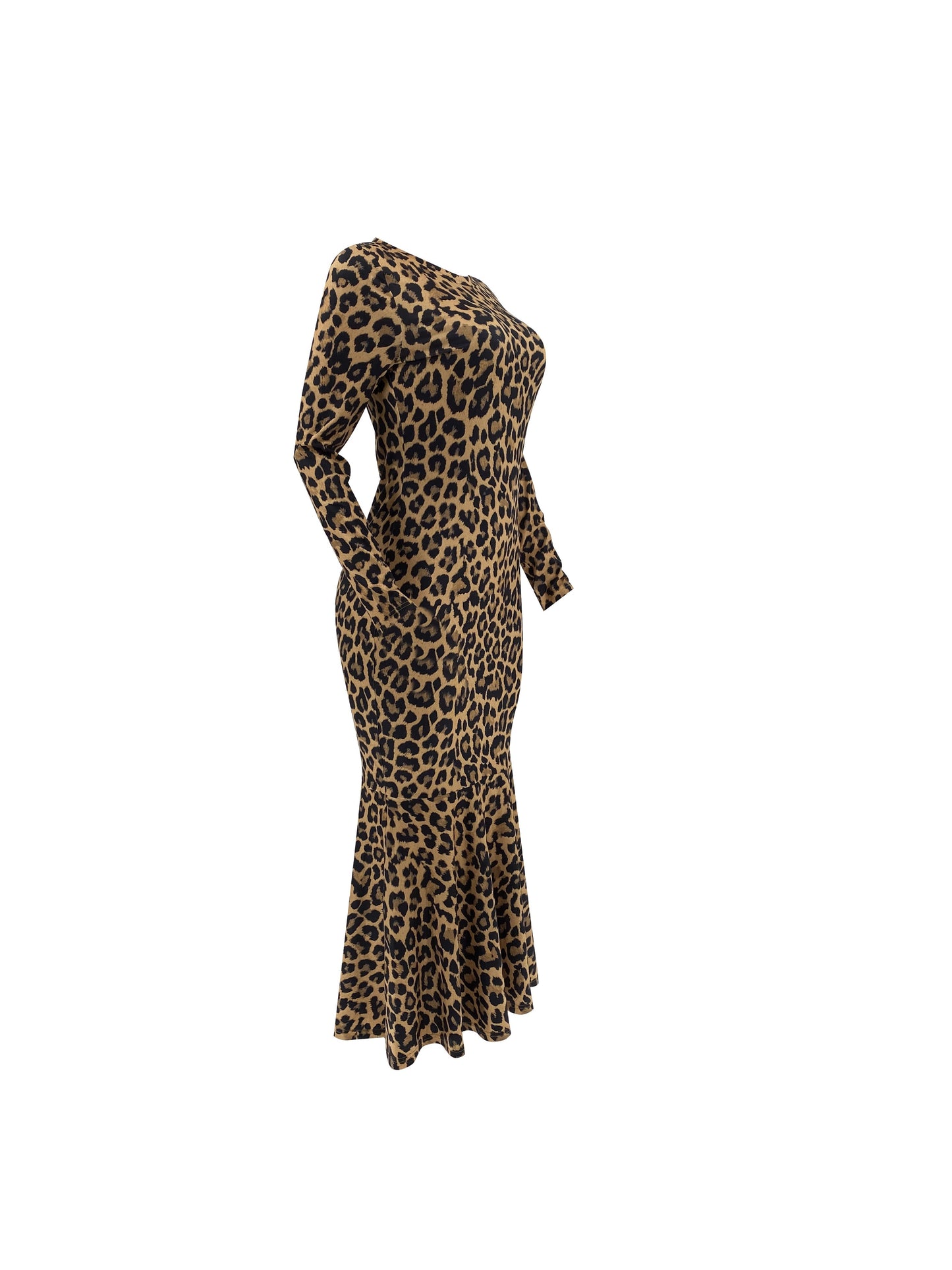 Leopard Print Crew Neck Dress, Elegant Long Sleeve Slim Dress For Spring & Fall, Women's Clothing