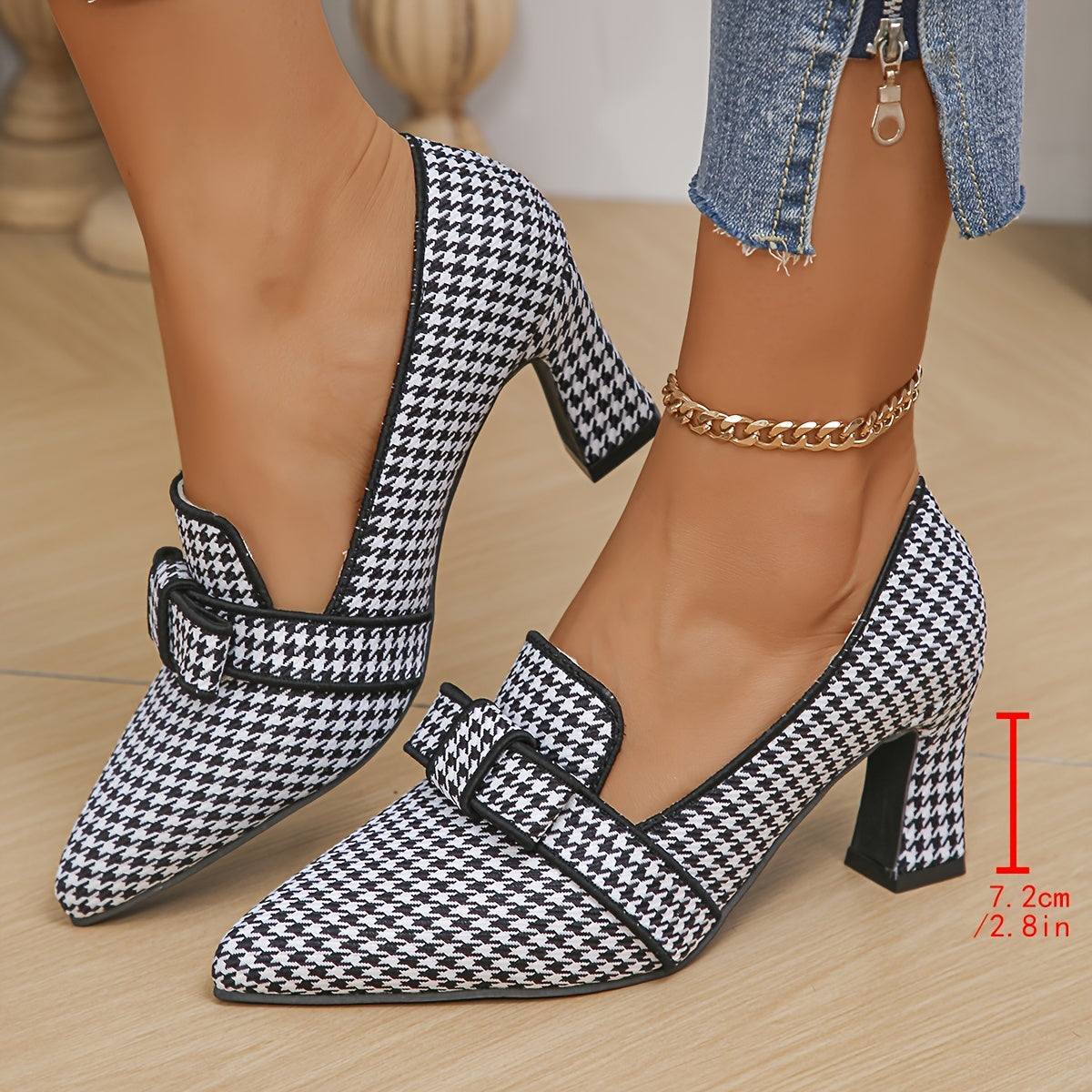 Women's Houndstooth Pattern Pumps, Bow Pointed Toe Block High Heels, All-Match Office Work Shoes