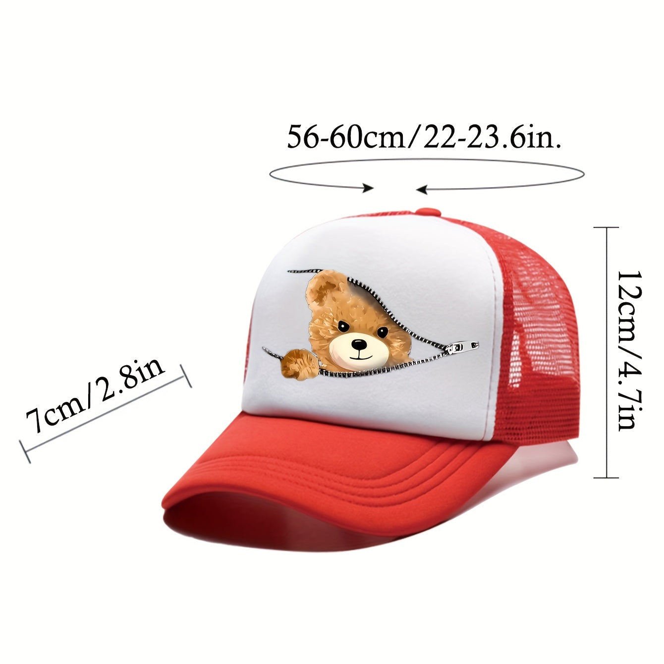 Cute Zipper Teddy Bear Print Mesh Casual Style Adjustable Baseball Cap, Fashionable Unisex Sponge Outdoor UV Protection Trucker Hat, For Outdoor Wear