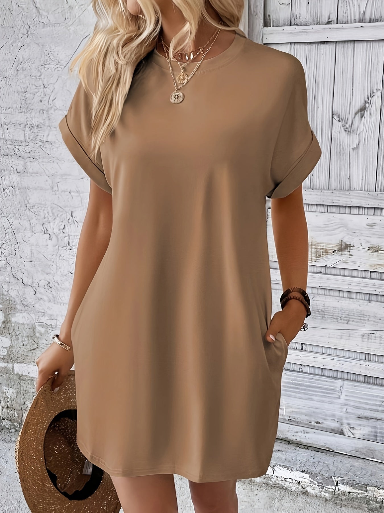 Solid Slant Pocket Dress, Casual Vacation Style Crew Neck Short Sleeve Loose Dress For Spring & Summer, Women's Clothing