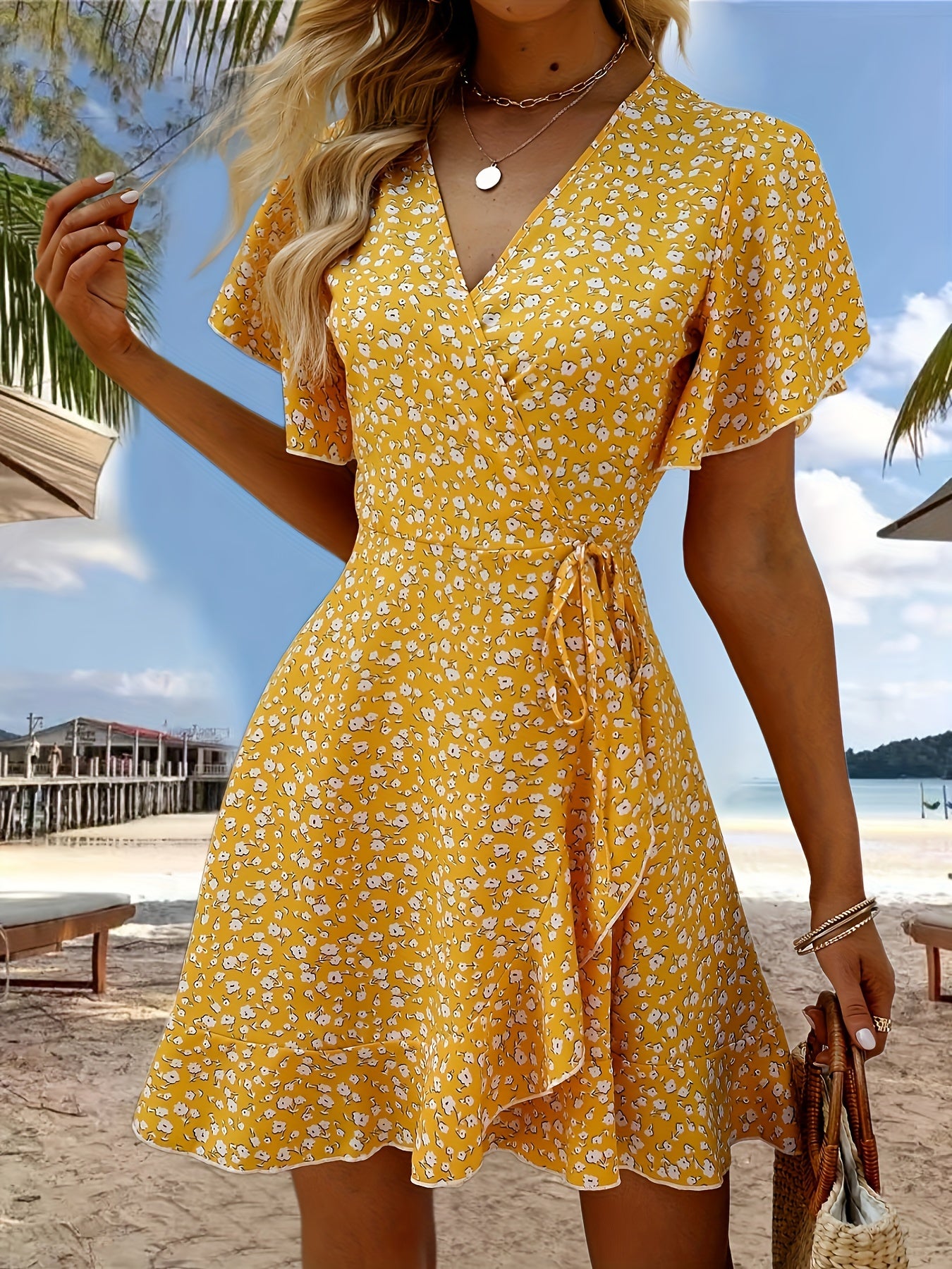 Floral Print V-neck Dress, Elegant Short Sleeve Cinched Waist Ruffle Hem Dress For Spring & Summer, Women's Clothing