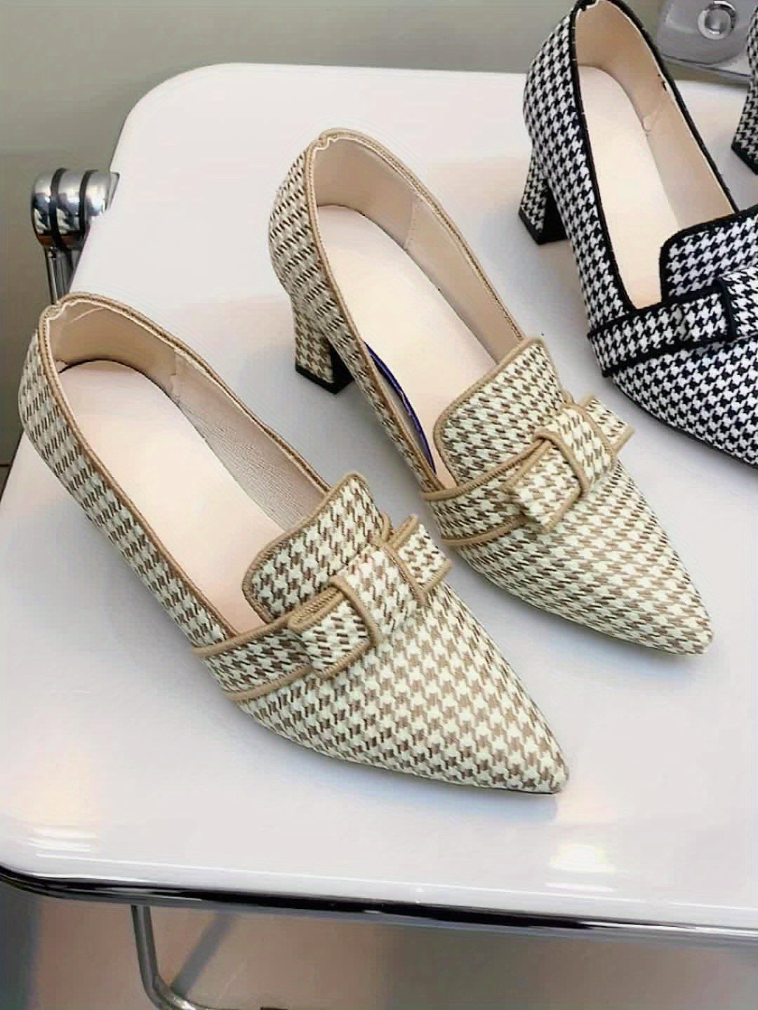 Women's Houndstooth Pattern Pumps, Bow Pointed Toe Block High Heels, All-Match Office Work Shoes