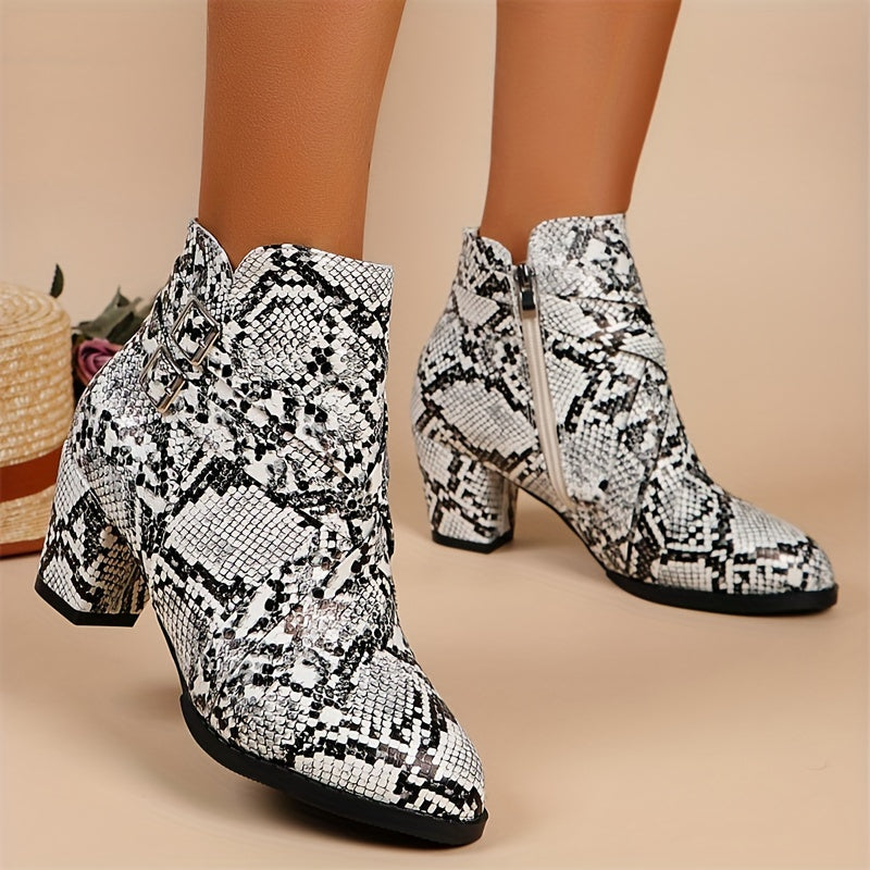 Women's Snakeskin Pattern Chunky Heel Boots, Fashion Side Zipper Short Boots, Comfortable Ankle Boots