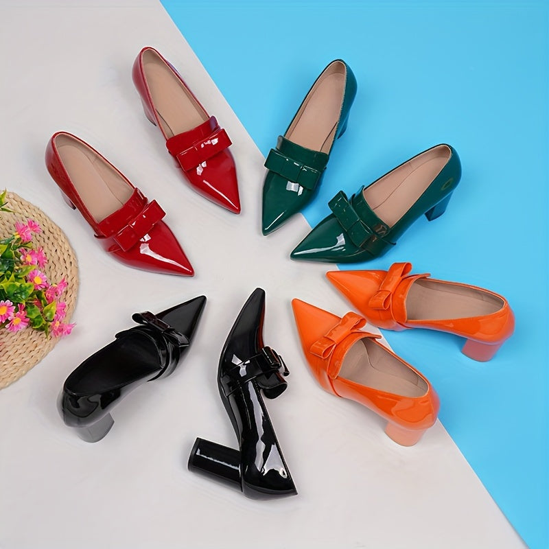 Women's Solid Color Bowknot Decor Block Heels, Elegant Point Toe Dress Pumps, Fashion Slip On Heels Koningsdag/King's Day