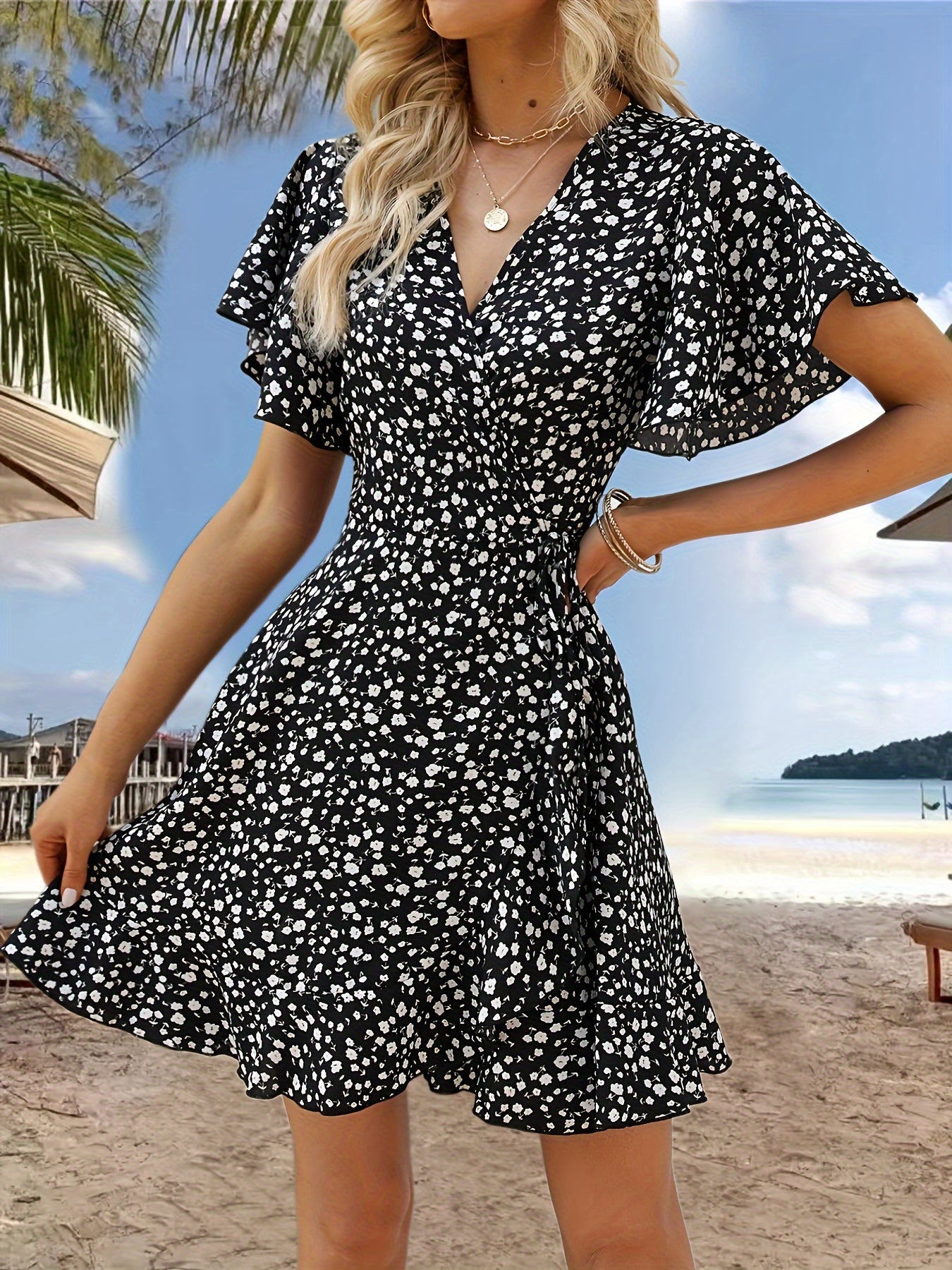 Floral Print V-neck Dress, Elegant Short Sleeve Cinched Waist Ruffle Hem Dress For Spring & Summer, Women's Clothing