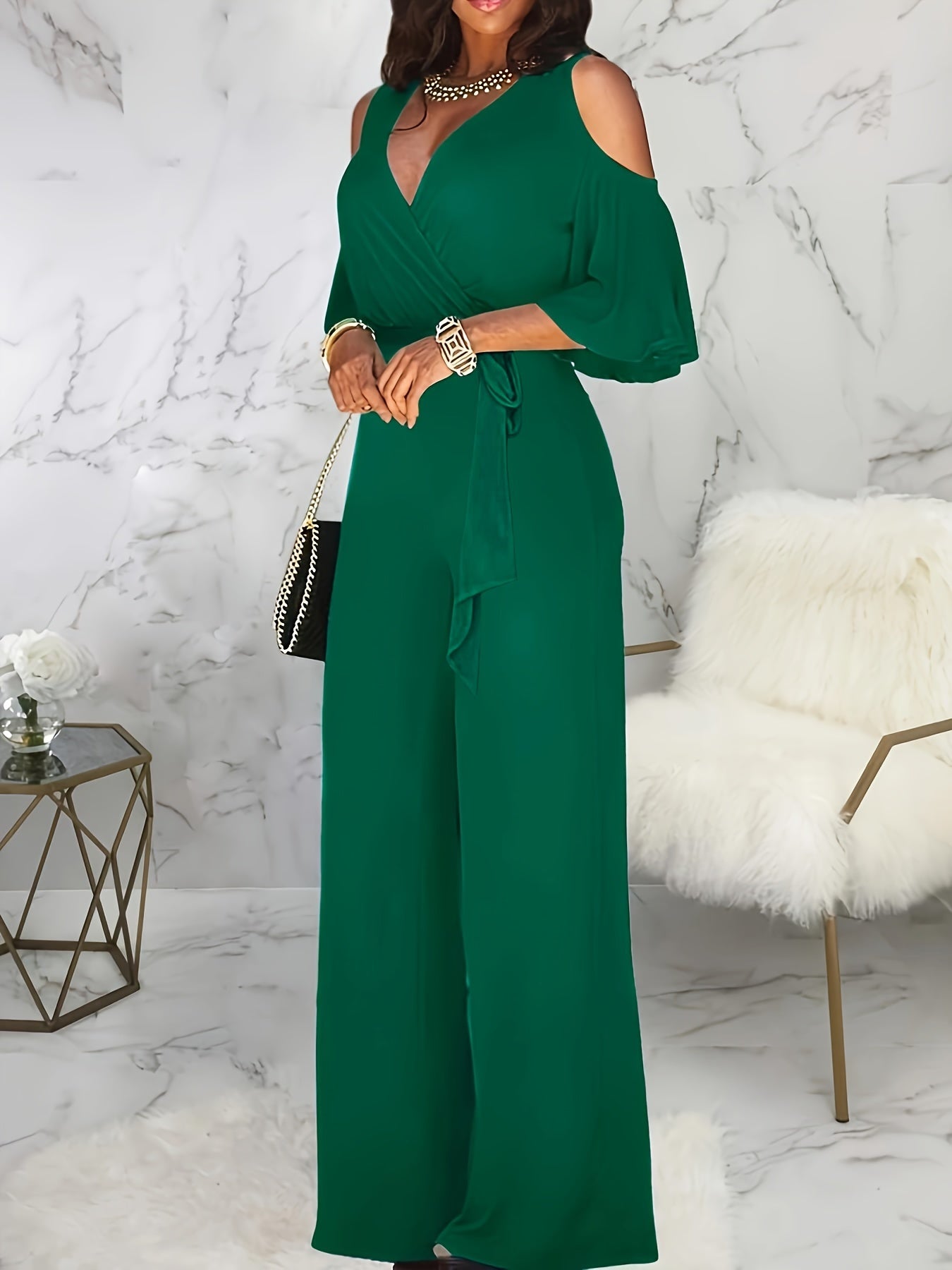 Solid Cold Shoulder V-neck Jumpsuit, Elegant Half Sleeve Jumpsuit For Spring & Summer, Women's Clothing