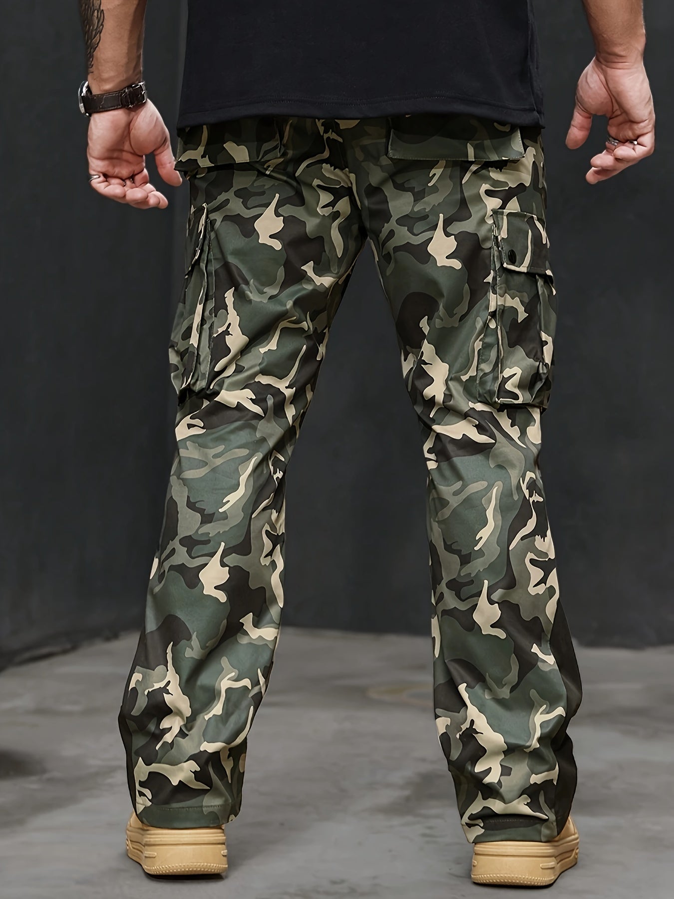 Men's Casual Camo Cargo Pants Polyester 100% Loose Fit All-Season Utility Trousers with Color Block Details Non-Stretch Woven Fabric