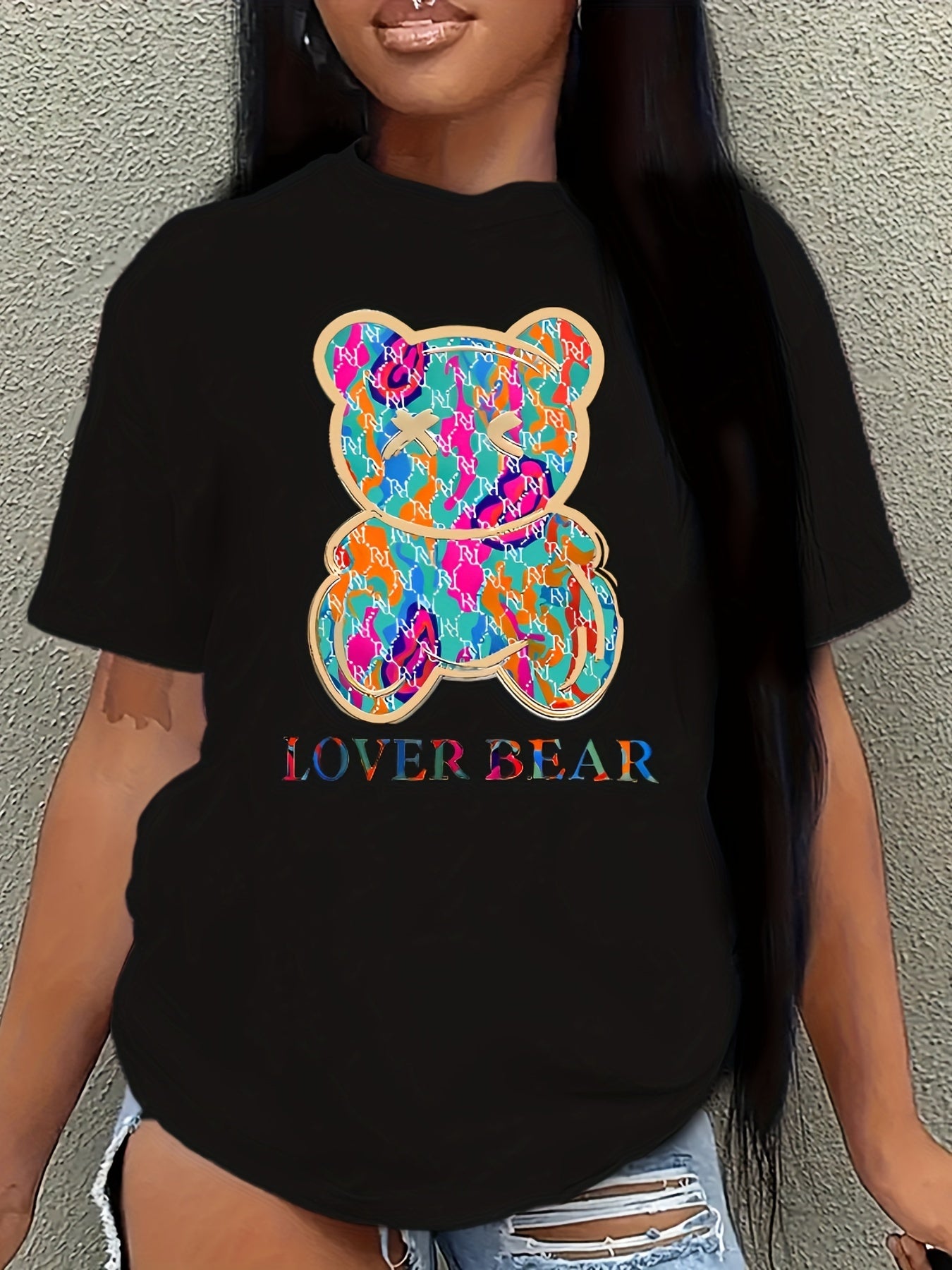 Bear & Letter Print Crew Neck T-shirt, Casual Short Sleeve T-shirt For Spring & Summer, Women's Clothing