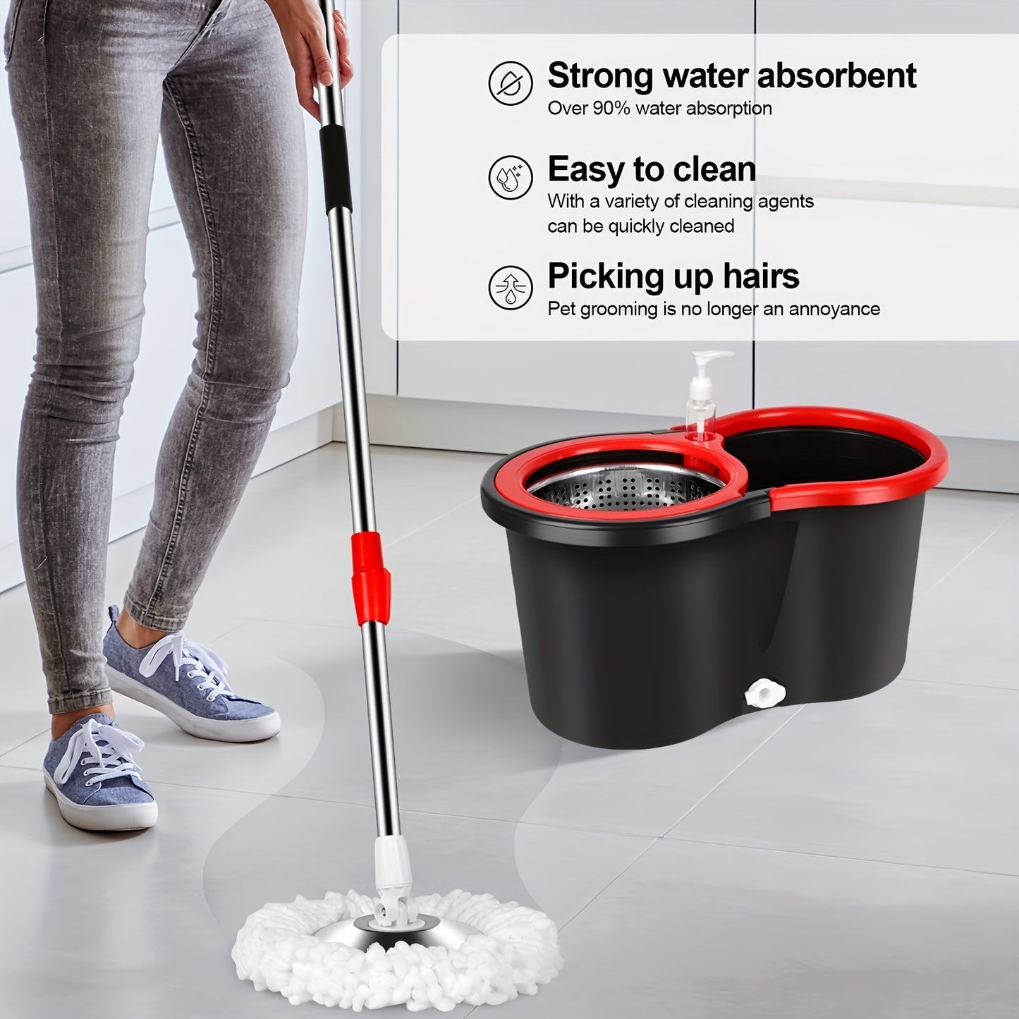 Spin Mop And Bucket With Wringer Set, Bathroom Mop Bucket, School Bathroom, 360° Spinning Mop Bucket System With 3 Microfiber Mop Replacement Heads And 61" Stainless Steel Adjustable Handle  Bucket Floor Cleaning System