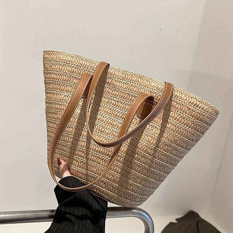 Woven Straw Tote Bag, Portable Double Handle Stylish Handbag, Zipper Braided Straw Slouchy French Style Beach Bag