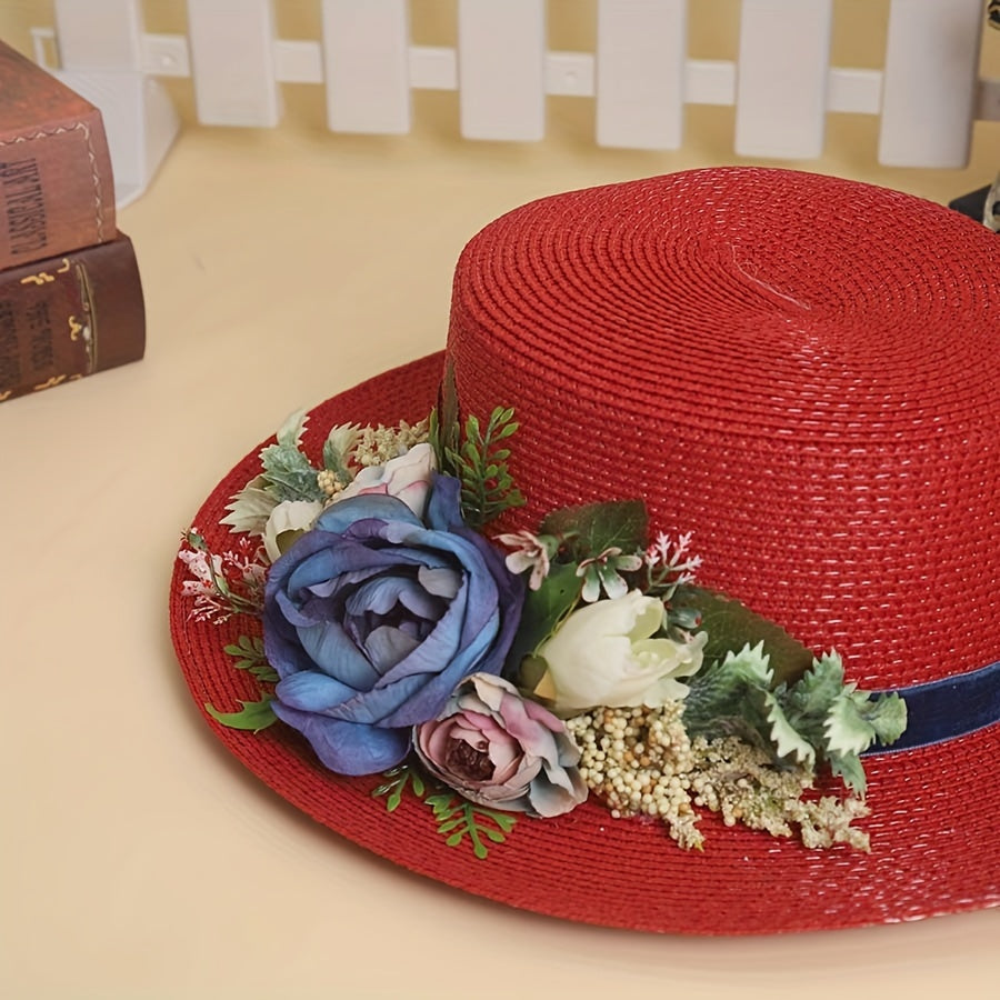 Handmade Flower Straw Hat Solid Color Elegant Beach Sunscreen Hat Small Top Hats Easter For Women