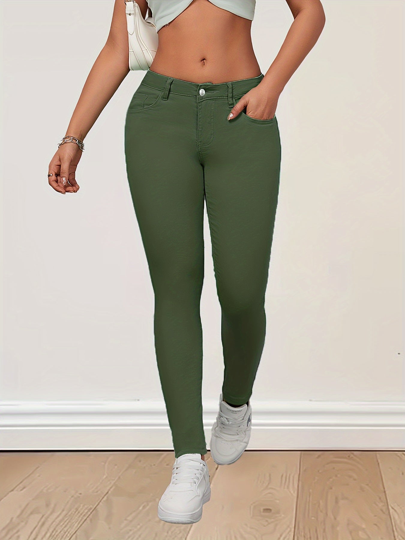 Army Green High-Waist Stretchy Skinny Pants for Women - Cotton Spandex Blend, Elegant Slim Fit with Button Detail, Non-Transparent, Long Length, Available in XS to XXL, Machine Washable