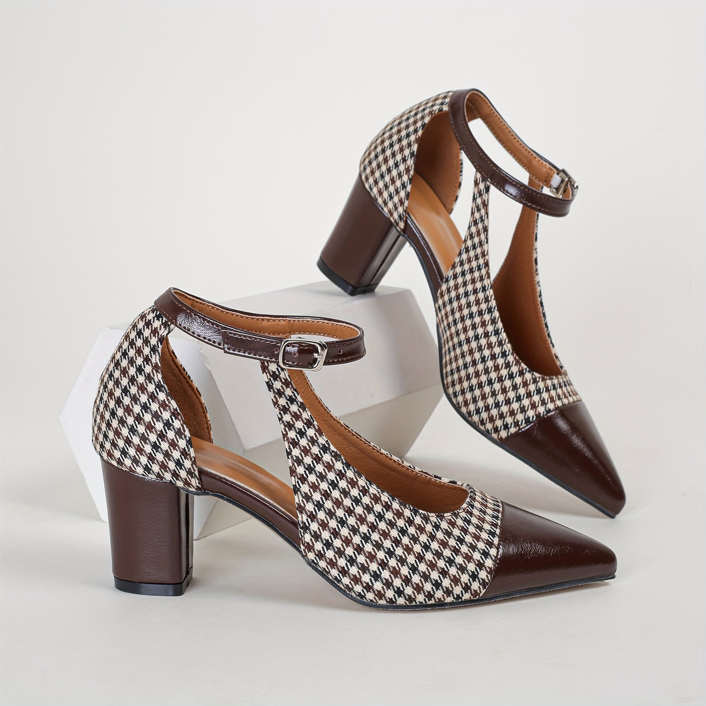 Women's Houndstooth Pattern Shoes, Ankle Buckle Strap Chunky Heel Soft Sole Shoes, Elegant Point Toe Dress Shoes