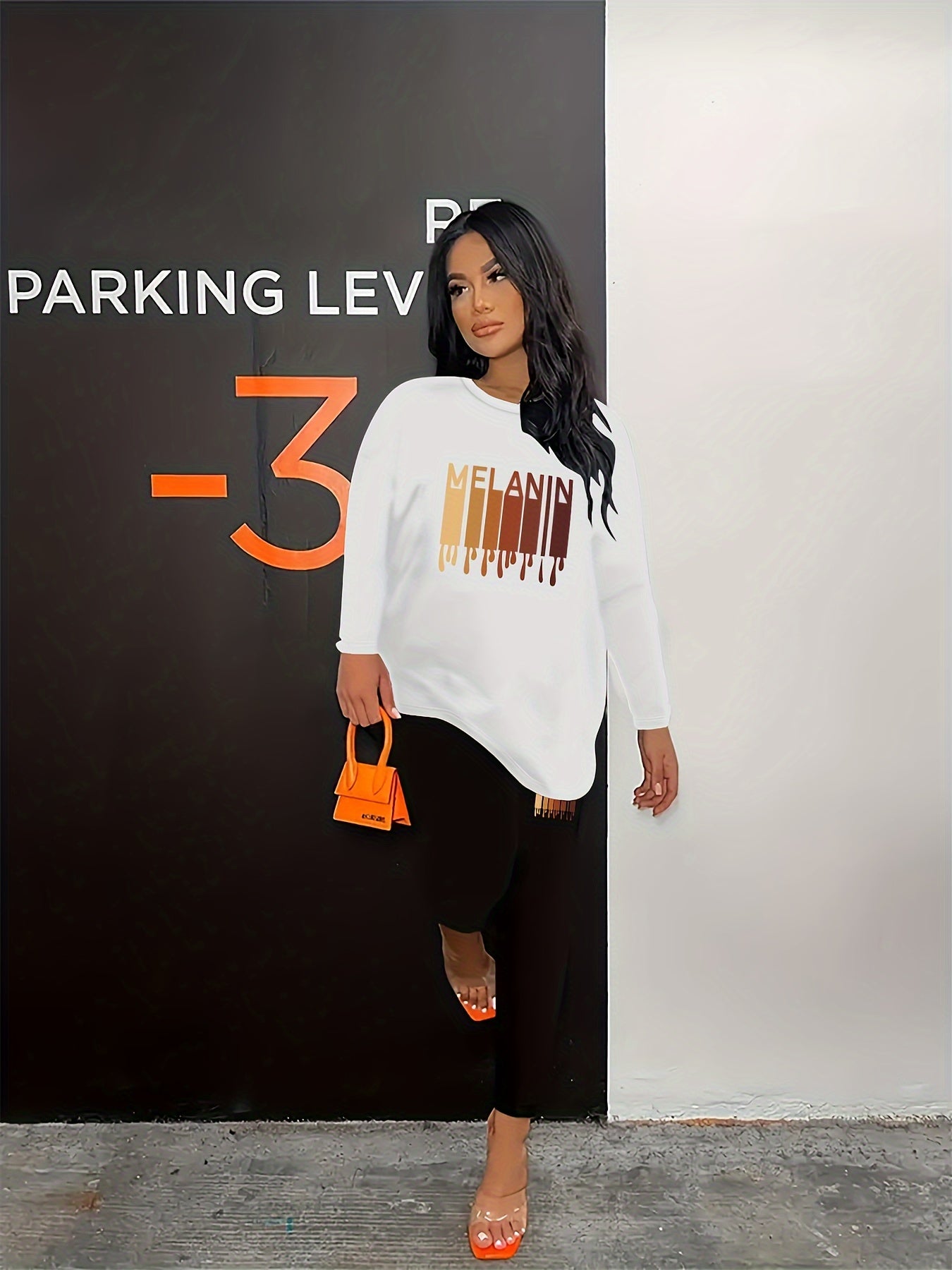 Melanin Letter Print Two-piece Set, Crew Neck Long Sleeve Tops & Long Length Pants Outfits, Women's Clothing