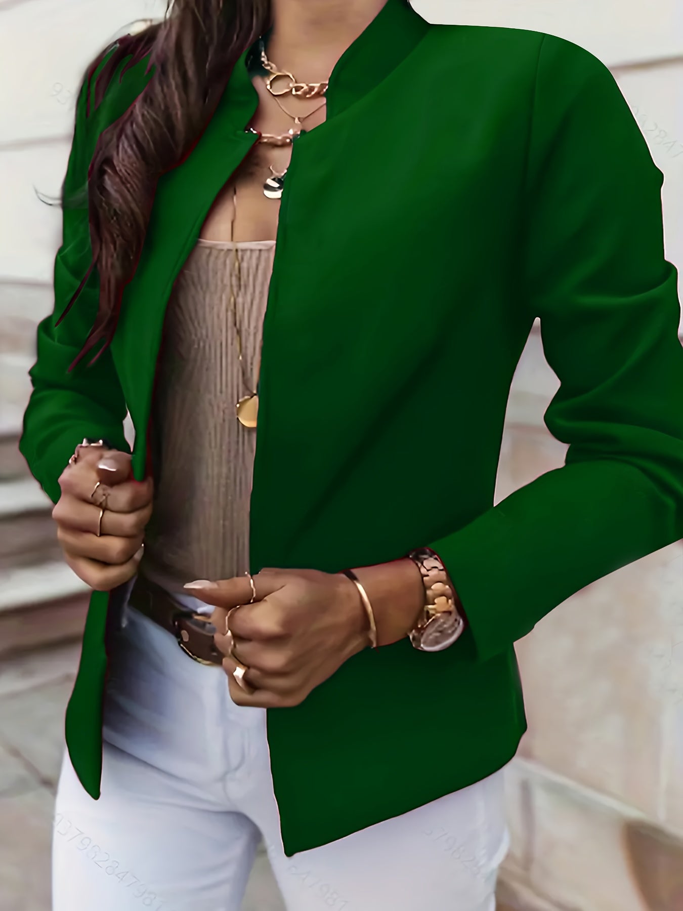 Solid Color Open Front Blazer, Elegant Stand Neck Long Sleeve Blazer For Every Day, Women's Clothing