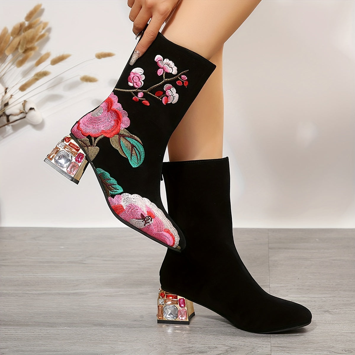 Women's Floral Embroidered Short Boots, Fashion Rhinestone Chunky Heeled Boots, Comfy Back Zipper Winter Boots