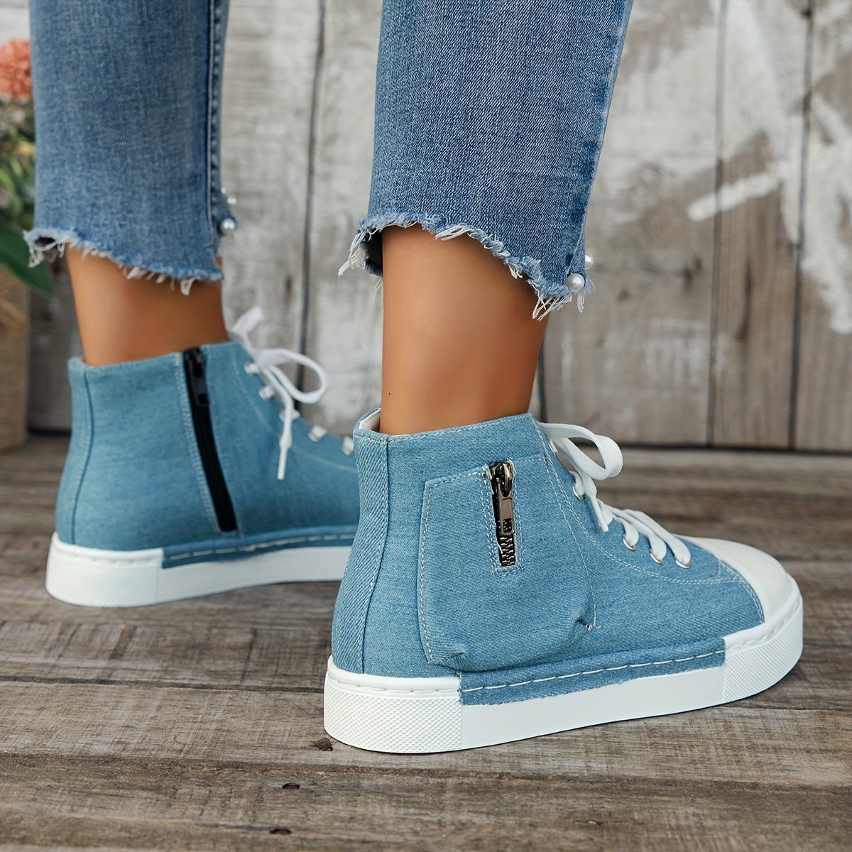 Women's Denim Platform Sneakers, Casual Lace Up Outdoor Shoes, Comfortable Side Zipper Shoes