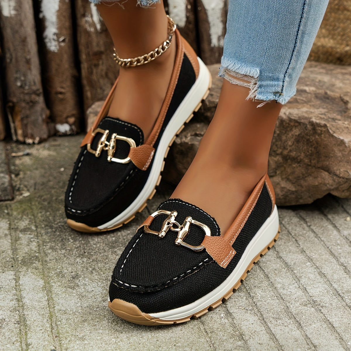 Women's Buckle Decor Sports Loafers, Casual Round Toe Soft Sole Slip On Shoes, Lightweight Flat Shoes