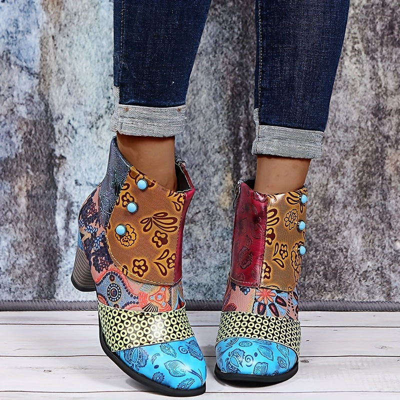 Women's Floral Pattern Boots, Side Zipper Casual Chunky Heel Ankle Boots, Versatile Round Toe Boots