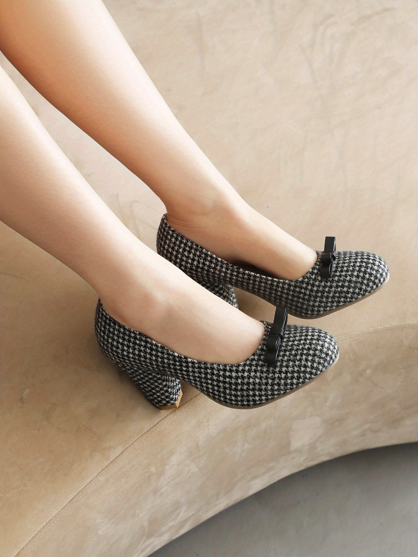 Women's Bowknot Decor Block Heels, Elegant Houndstooth Pattern Dress Pumps, Women's Fashion Heels