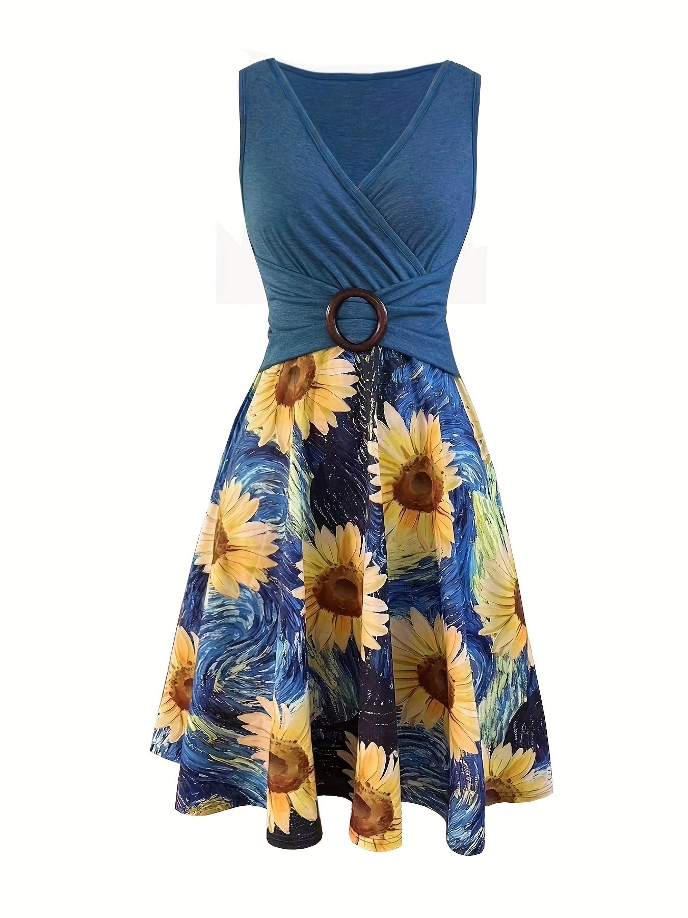 Sunflower Print Ruched Splicing Dress, Elegant V Neck Sleeveless Tank Dress For Spring & Summer, Women's Clothing