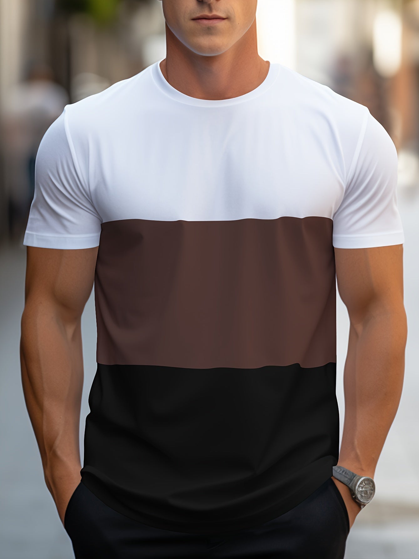 Men's Contrast Color Stripe Pattern Print T-shirt With Crew Neck And Short Sleeve, Casual And Comfy For Summer Leisurewear