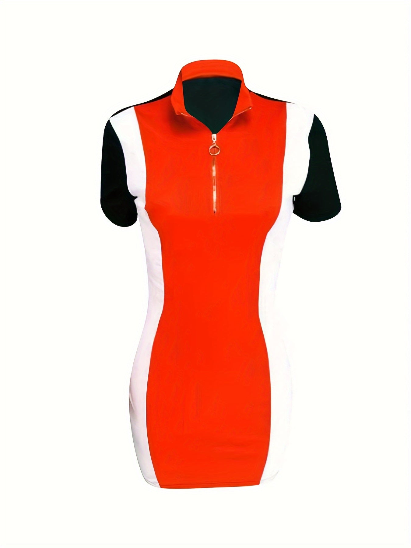 Color Block Zip Up Collared Dress, Sexy Short Sleeve Bodycon Mini Dress For Summer, Women's Clothing