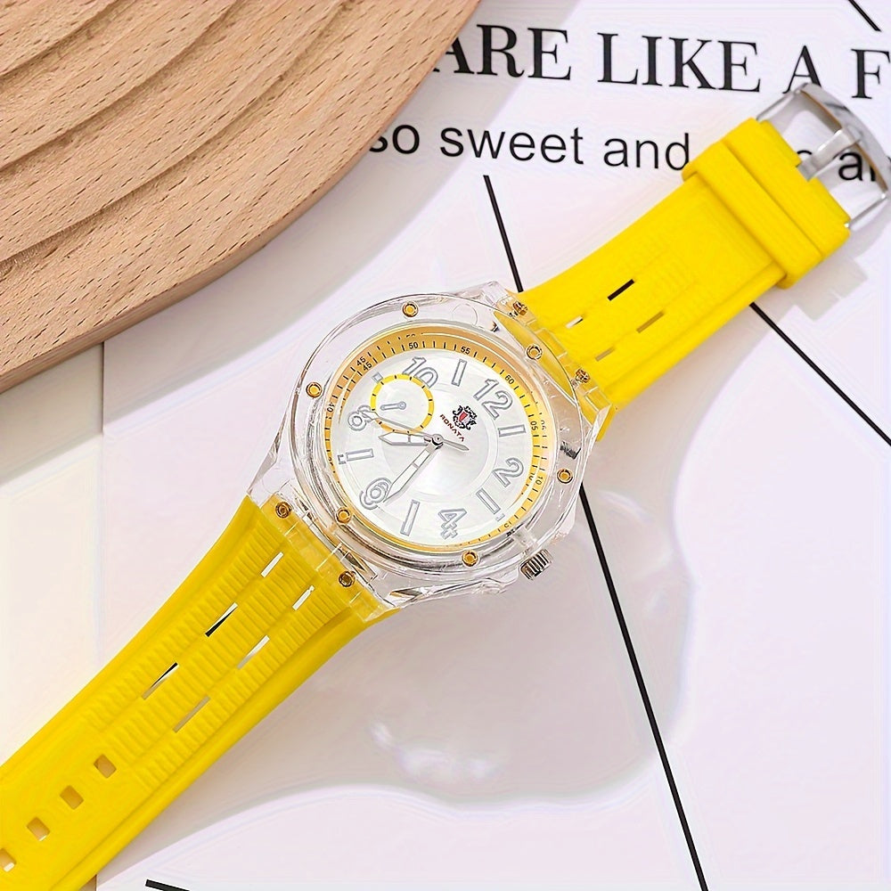 Chic Yellow Quartz Women's Watch with Transparent Dial - Casual Style, Rubber Strap, Non-