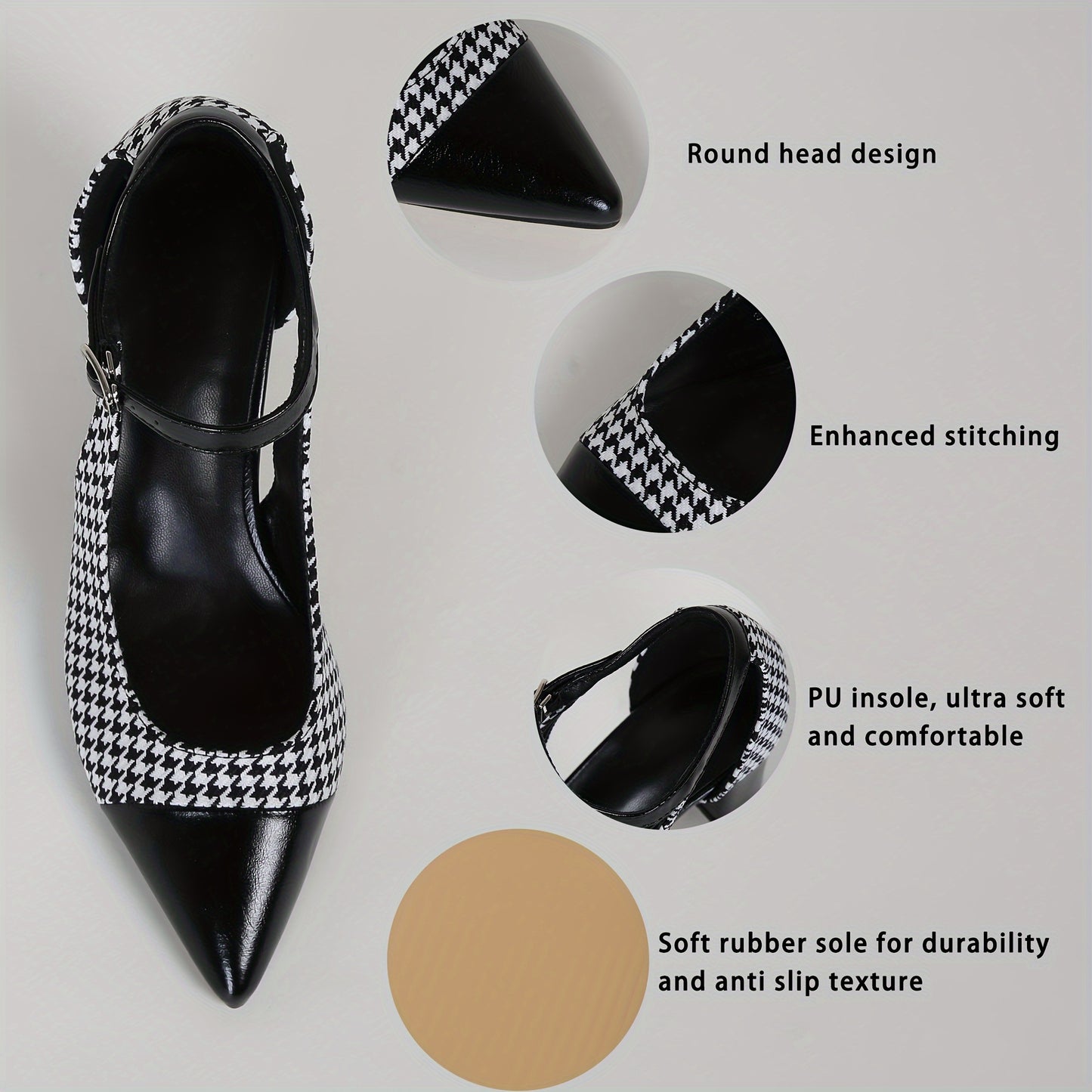 Women's Pointed Toe Pumps, Fashion Houndstooth D'Orsay Heels With Ankle Strap, Chic Contrast Color Block Heels