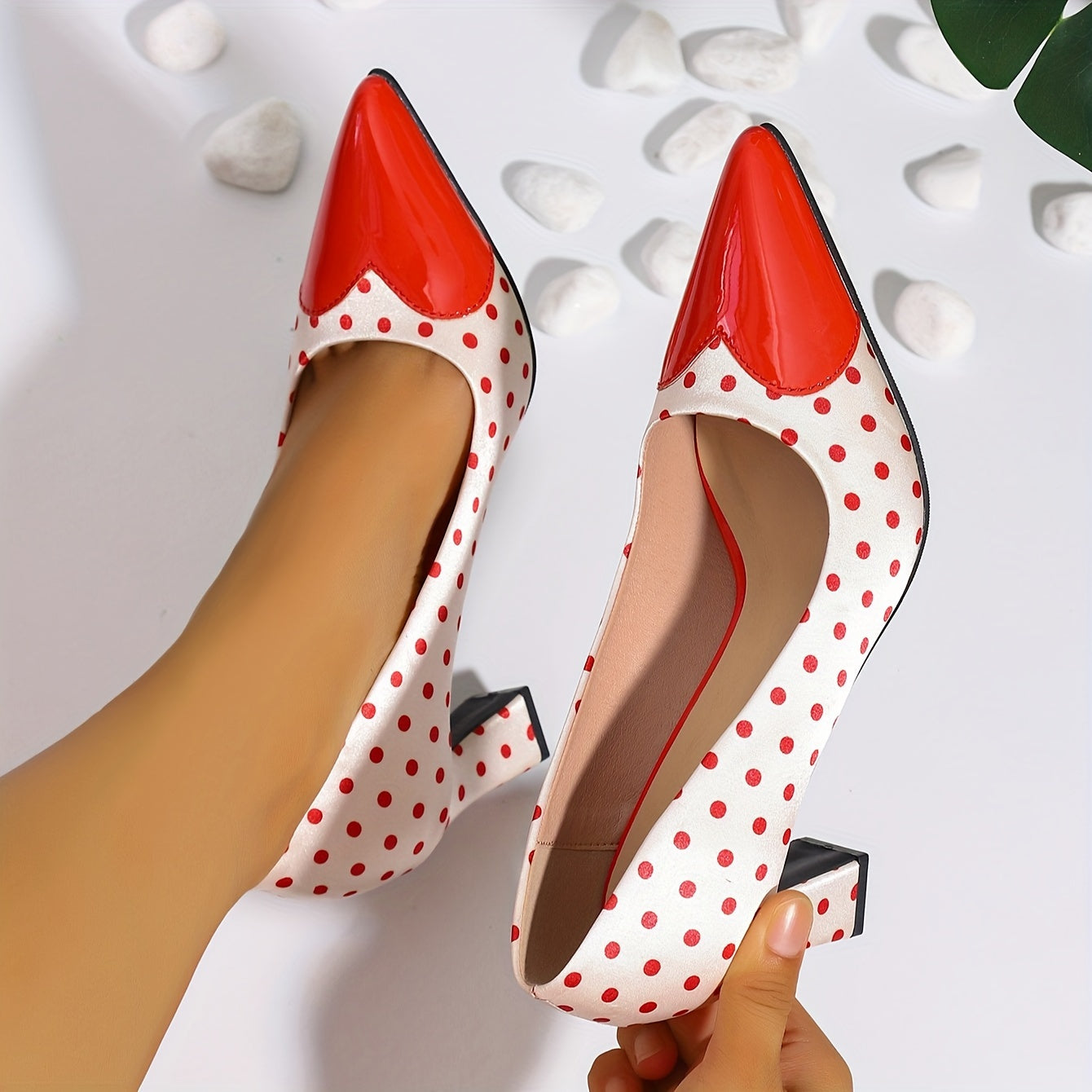 Women's Polka Dot Pumps, Shallow Mouth Slip On Chunky Heel Wedding Shoes, Point Toe Heart Dressy Shoes