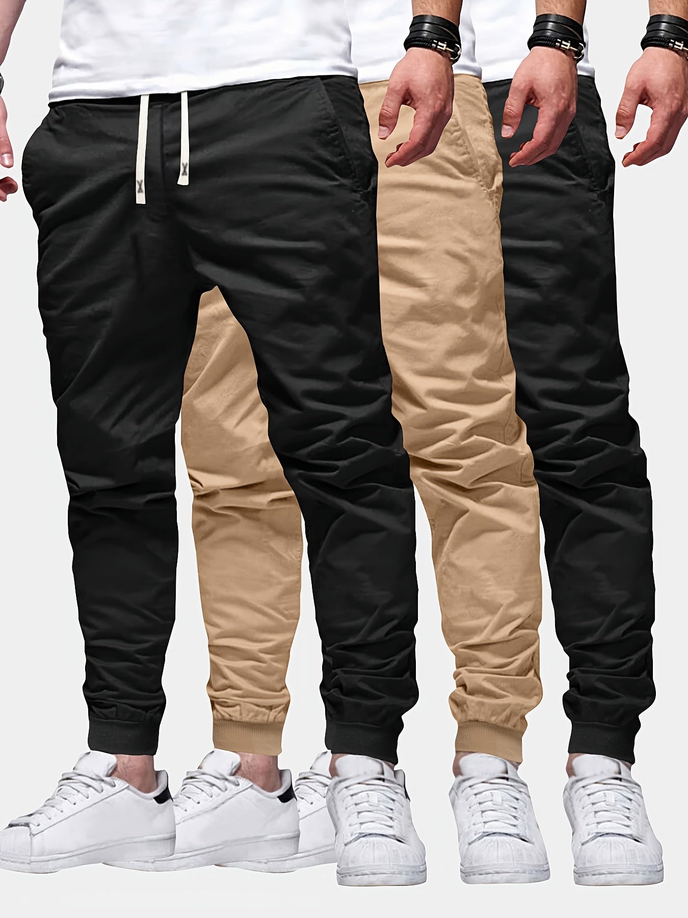 3pcs Solid Color Men's Regular Fit Jogger Sweatpants With Drawstring And Pockets, Chic And Trendy Trousers For Spring And Autumn Outdoors And Sports Wear