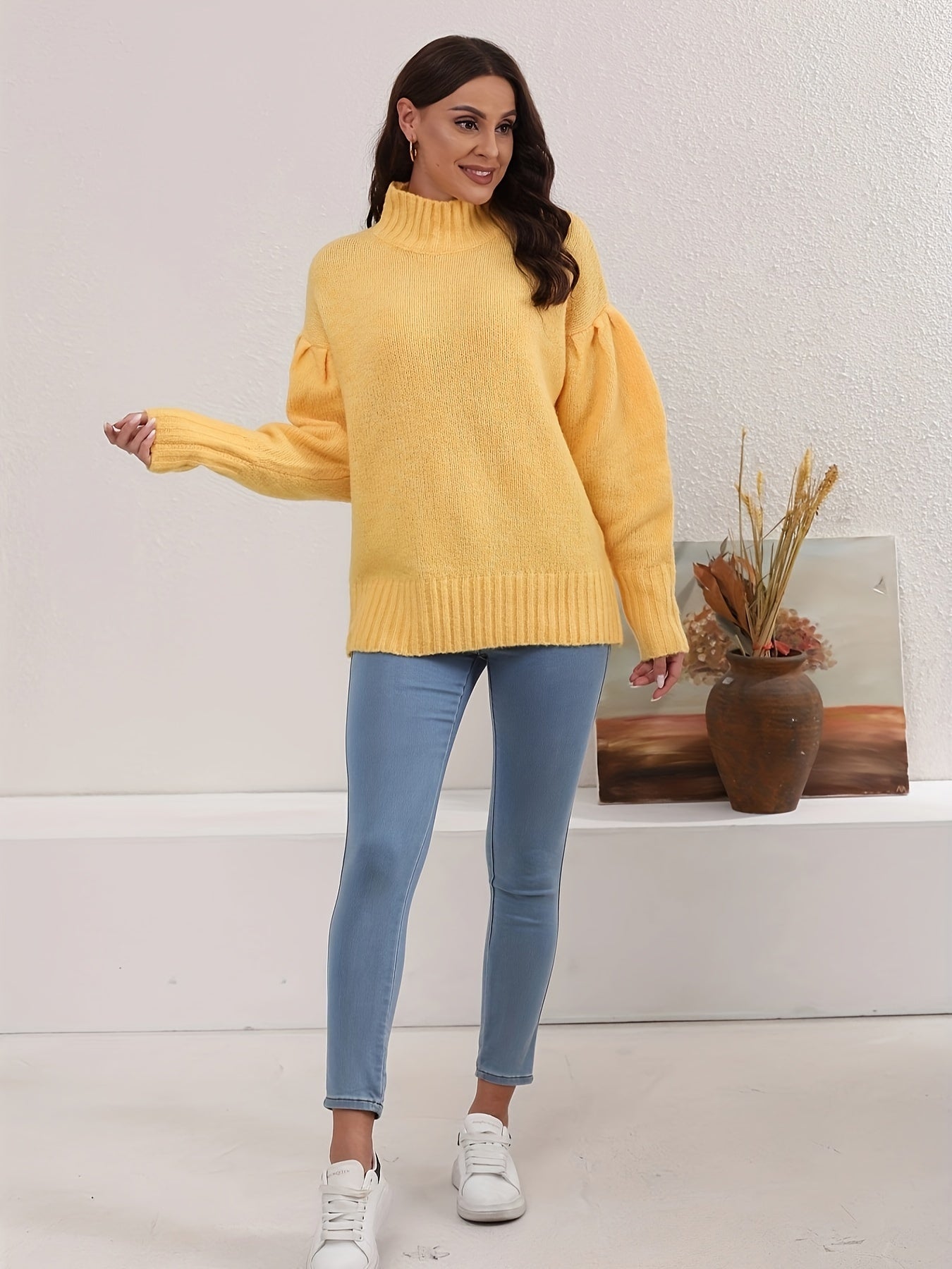 Solid Mock Neck Knit Sweater, Elegant Long Sleeve Pullover Sweater For Fall & Winter, Women's Clothing