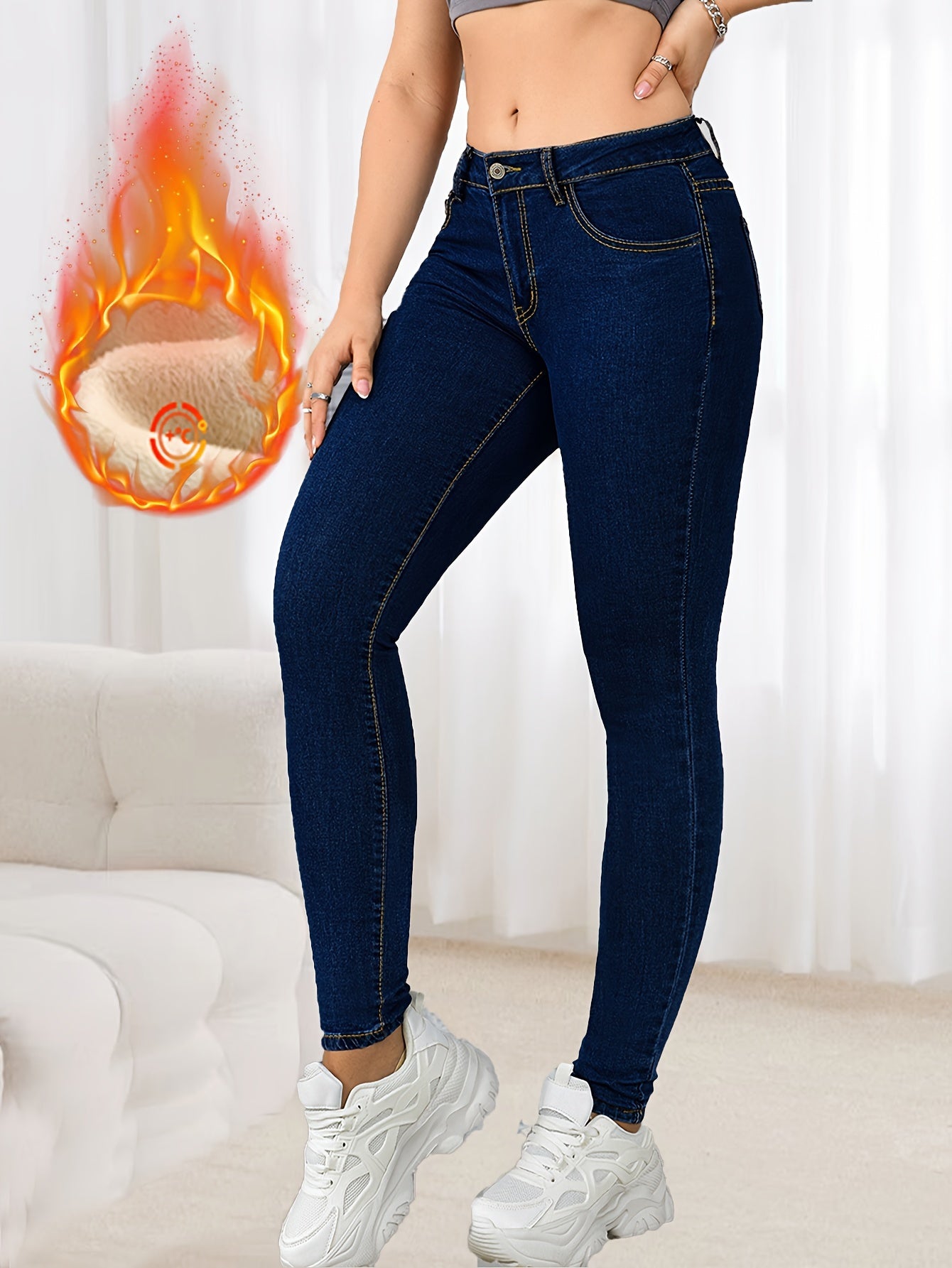 Plush Lined Washed Blue Casual Style Zipper Button Closure Skinny Fit Denim Pants For Winter, Women's Denim Jeans & Clothing