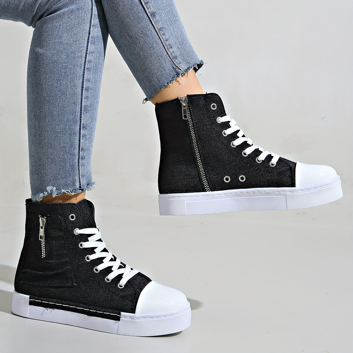 Women's Solid Color Canvas Shoes, Side Zipper Platform Soft Sole Casual Skate Shoes, High-top Breathable Daily Shoes