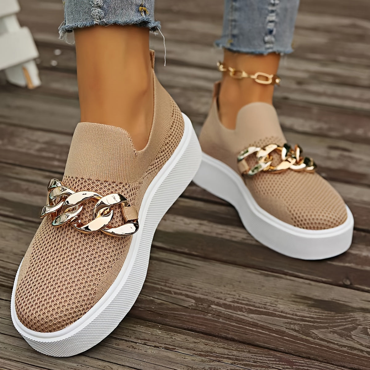 Women's Metallic Chain Sneakers, Slip On Platform Leopard Soft Sole Shoes, Breathable Daily & Sporty Wear