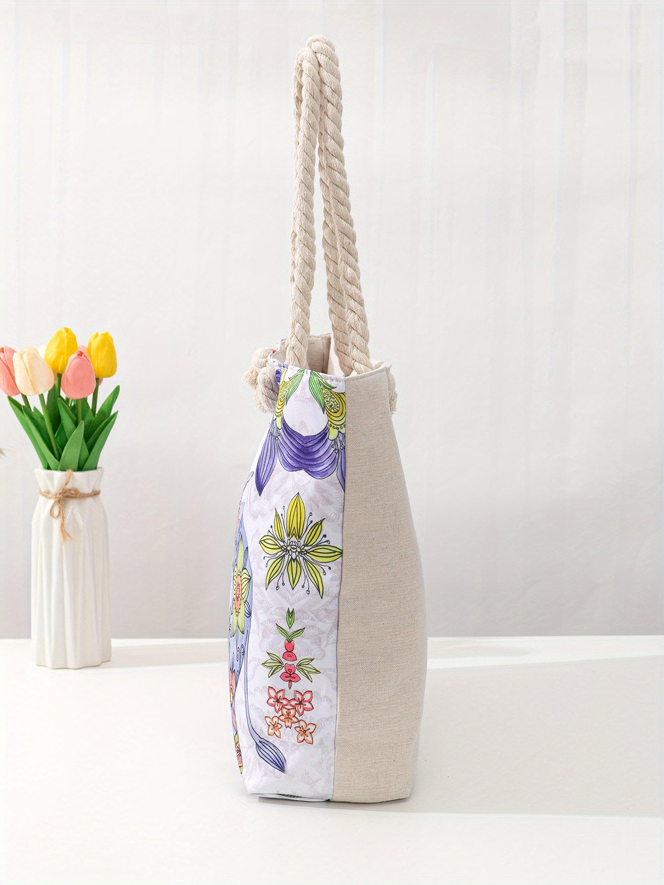 Ethnic Style Large Capacity Canvas Tote Bag with Flower & Elephant Print - Perfect for Everyday Use!