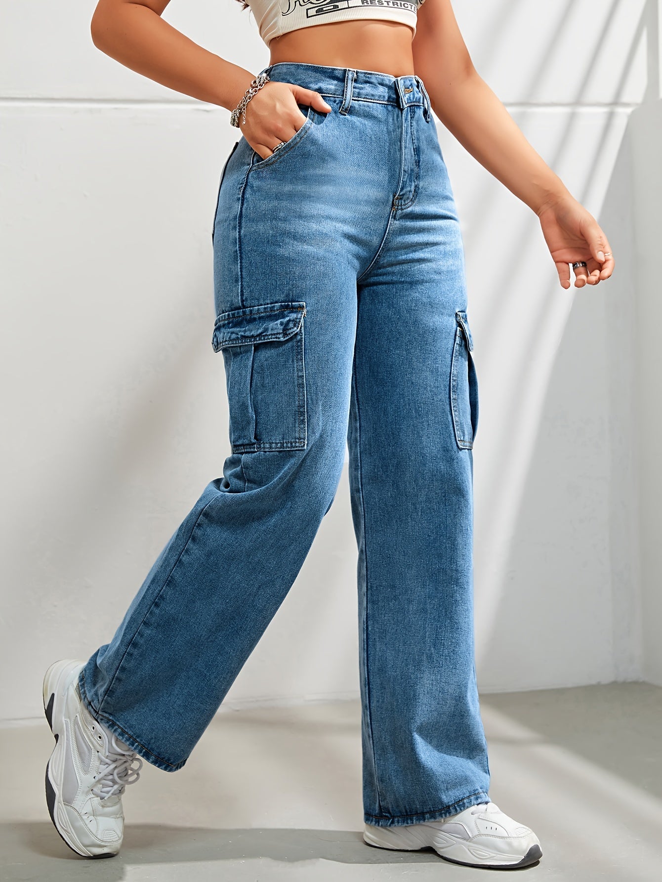 Women's Casual Wide Leg Denim Cargo Pants, Fashion Plain Jeans With Side Pockets, High Waist And Relaxed Fit For Fall