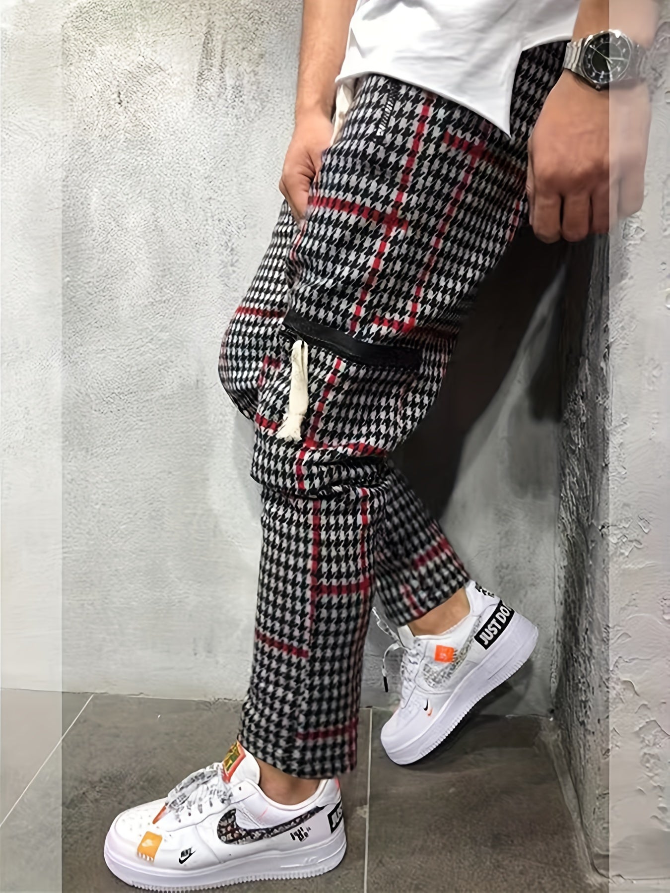 Men's Chic Style Houndstooth Print Cargo Pants, Casual Outdoor Multi-Pocket Pants For Street Wear, Spring And Fall