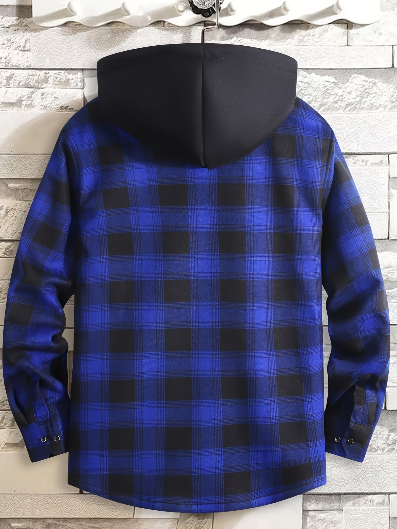 Men's Plaid Hooded Long Sleeve Shirt with Pockets, 100% Polyester Woven Fabric, Adult Basic Winter Warm-Up Top with Hood, No Bra, Elastic Fit, Regular Fit