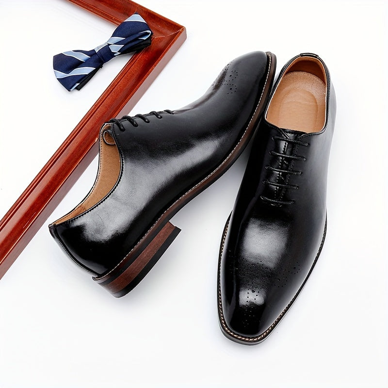 Men's Solid Color Split Cow Leather Upper Plain Toe Oxford Shoes, Comfy Non Slip Rubber Sole Lace Up Durable Formal Shoes, Men's Footwear