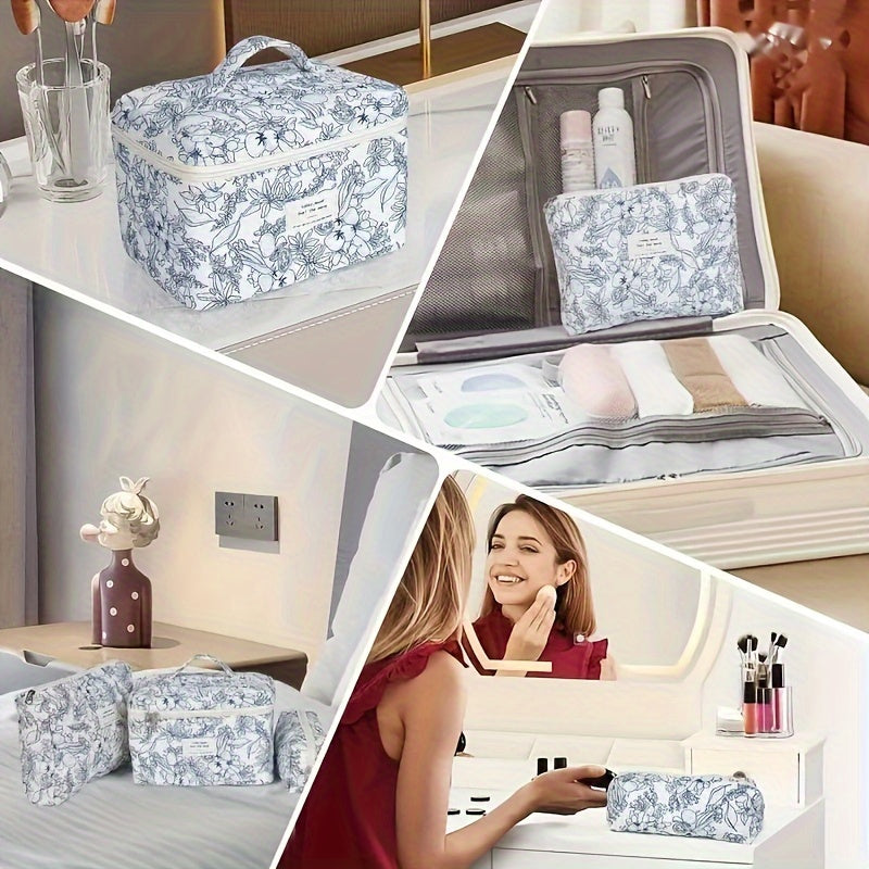 Elegant Floral Pattern 3-piece Cosmetic Bag, Suitable For Travel, Beautiful Design Cosmetic Bag