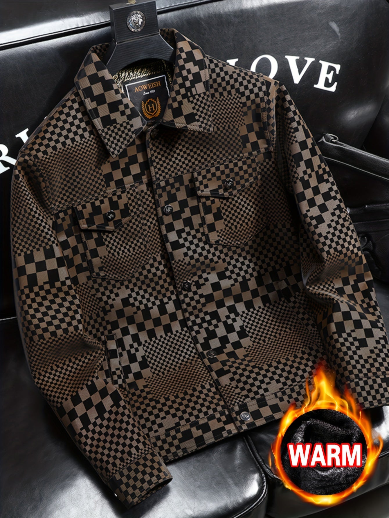 Men's Casual Checkerboard Pattern PU Leather Jacket, Button Up Lapel Jacket